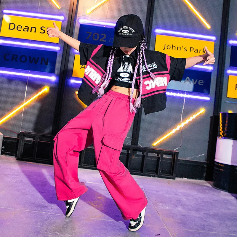 

Teenage Girls Short Sleeve Cargo Shirts Pant Sets Children Streetwear Shirt Trousers Kids Jazz Hip Hop Tracksuits Dance Clothes