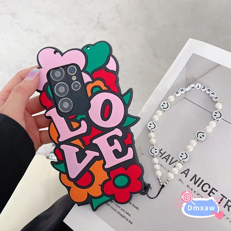 

Love Flower Phone Case For iPhone 15 14 13 12 11 Pro Max Plus 6 7 8 6s Plus Silicone Cases Colorful Flowers +Pearl Bracelet