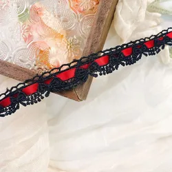 Pink and White Floral Bow Ribbon - 1.8cm Wide Lace Trim for Crafts, Gift Wrapping, and Decoration (1 Yard) (Black - red)