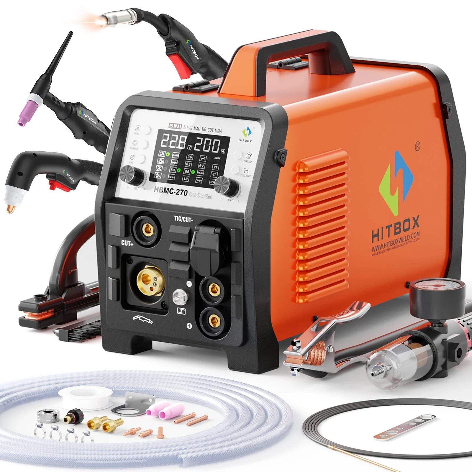 HITBOX HBMC270 IGBT Welding Mahcine 6in1 HF TIG/GAS MIG/CUT/Gasless MIG/STICK MIG Spot Welding 2T/4T Synergic MIG Welder