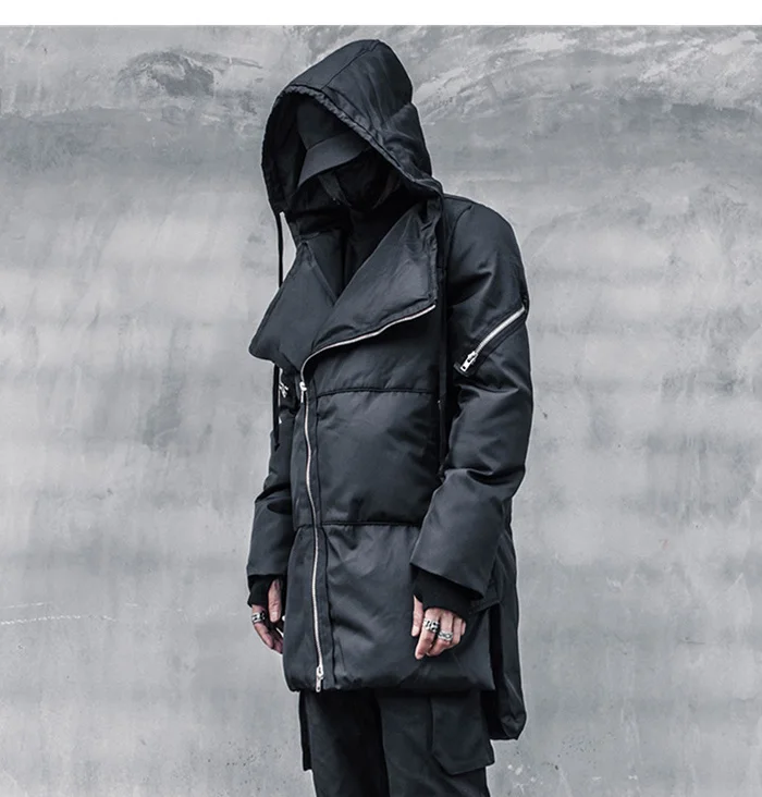 Zipper Irregular Hooded Padded Parka Jacket Mens Cotton Hip Hop Streetwear Thick Winter Jackets Coats Techwear mens parka jacket with fur hood