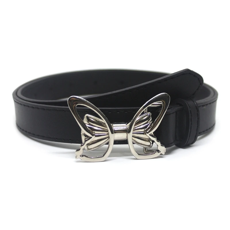 Silver Butterfly Shape Buckle Belt PU Thin Belt Adult Adjustable Waist Straps DropShip