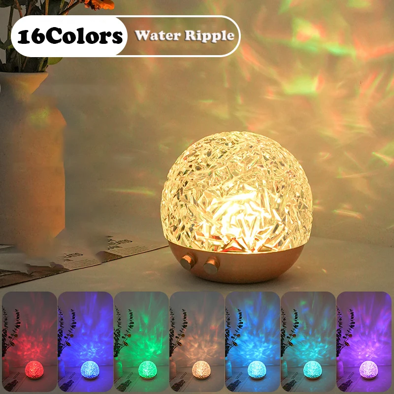 

Water Wave Effect Led Night Light 16 Colors Ocean Ripple Projector Crystal Atmosphere Table Lamp for Desktop Bedroom Home Decor