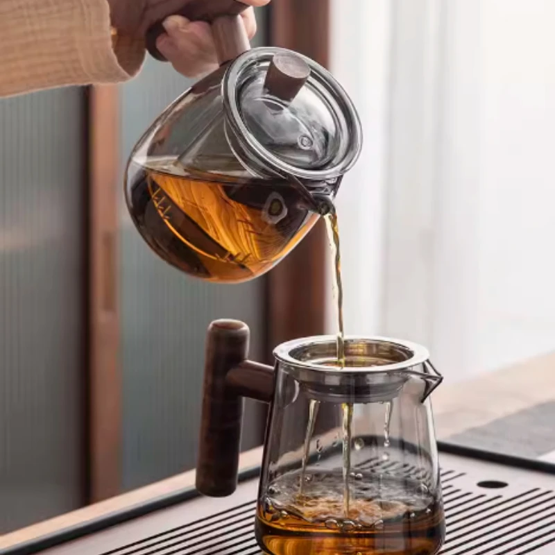 Glass teapot, wooden handle, Chinese tea ceremony, transparent tea set, cup filter, high borosilicate Japanese pot