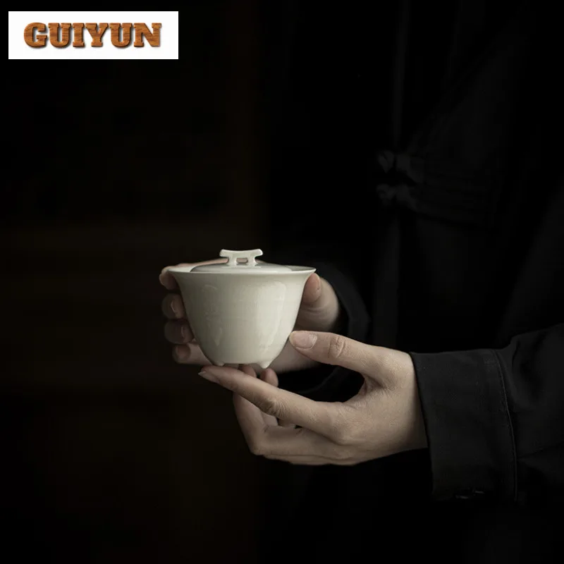 120ml Plant Ash Cover Bowl Zen Three Legged Tea Tureen Boutique Ceramic Gaiwan Handmade Tea Brewing Cafes Gift Teaware Crafts