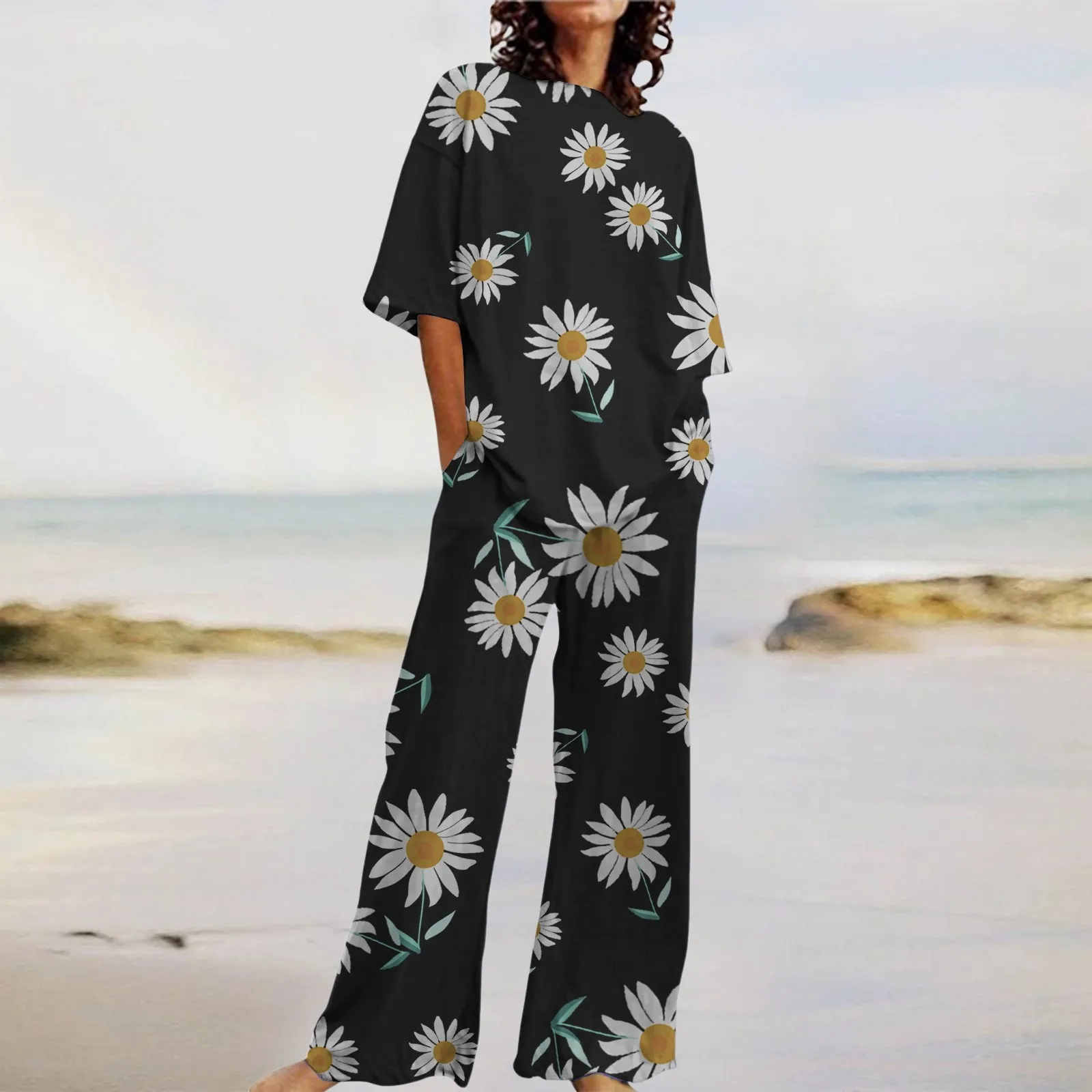 Women's Comfortable E Summer O Neck Loose Short Sleeve Floral Print Top Shirt With Pants Large Size 2 Piece Womens Ski Overalls