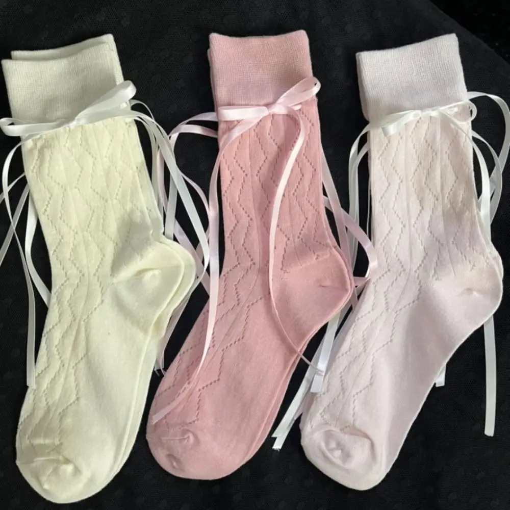 

Summer Breathable Lolita Bandage Kawaii JK Japanese Female Hosiery Bow Socks Cotton Socks Middle Tube Socks