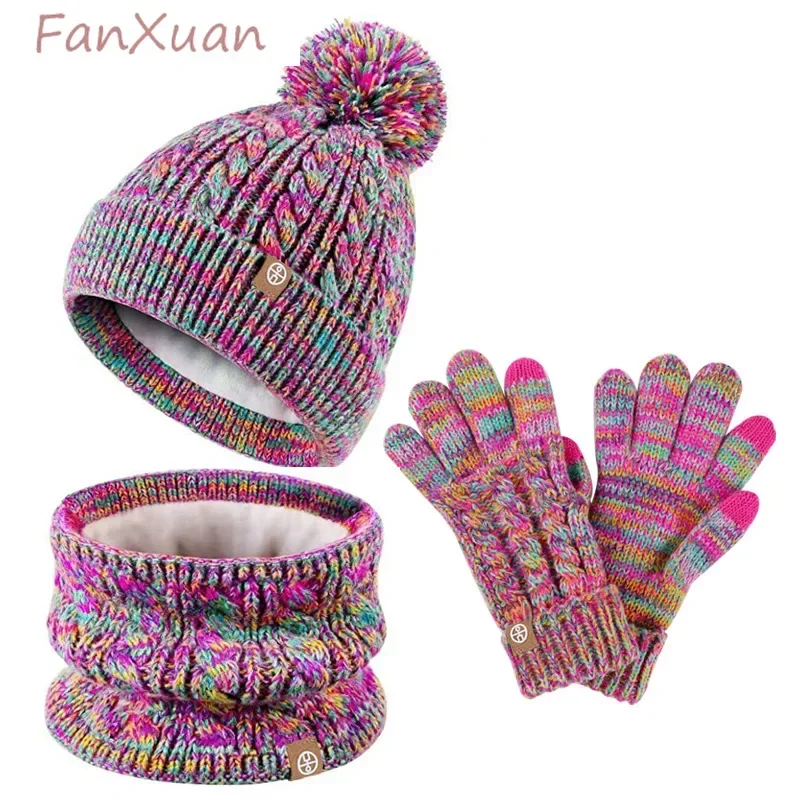 Kids Knitted Set 3pcs Winter Hat Set for Children Beanies Snood Gloves Thick Plush Lining Cute Pompom