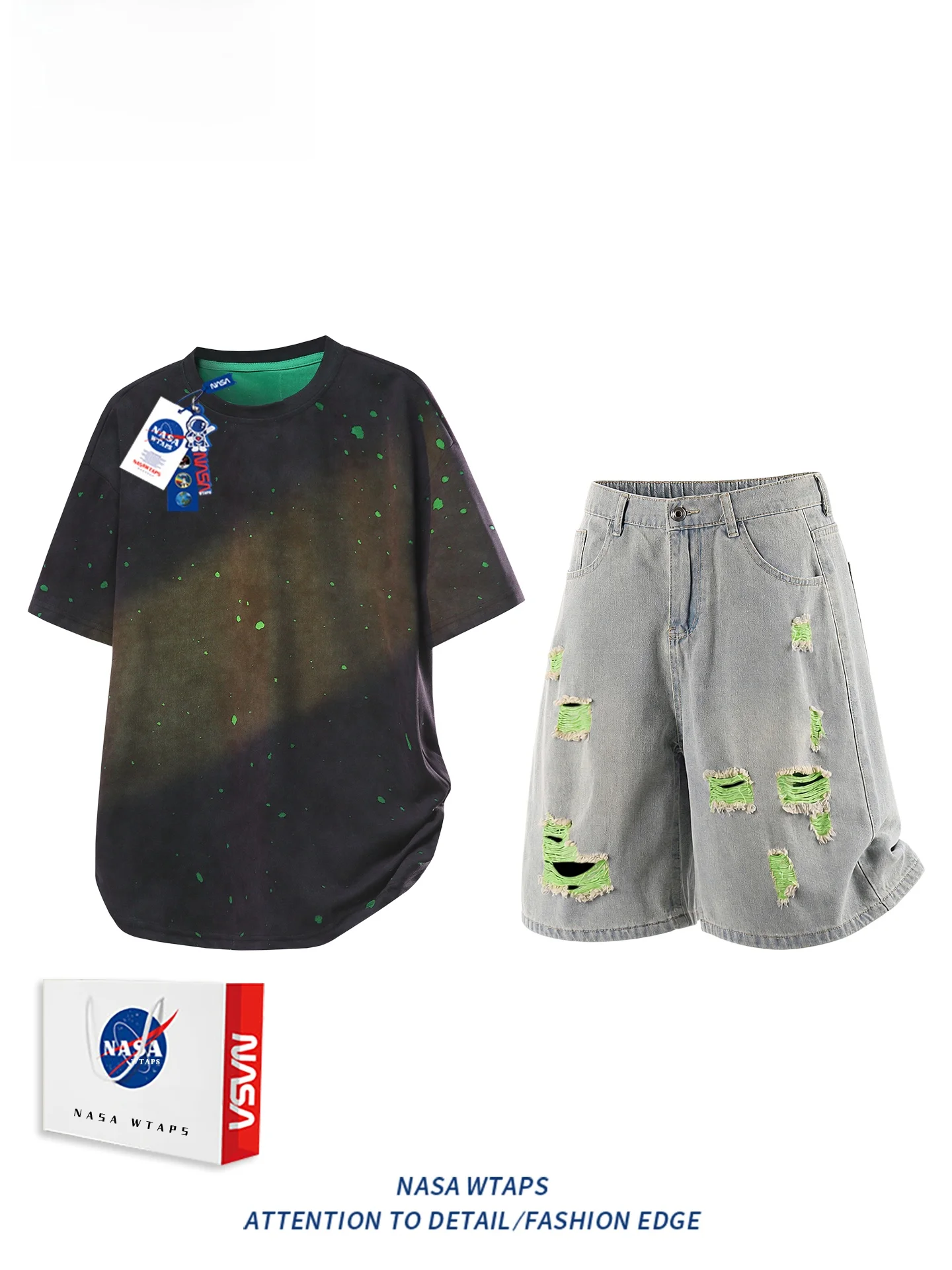 WTAPS 아메리칸 캐주얼 스포츠 세트 남성 여름 염색 홀 디자인 반팔 티셔츠 청반바지 투피스 세트 청소년용 면 폴리에스터
