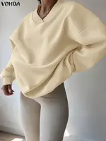 Plus Size Sweatshirts VONDA Fashion Women Long Sleeve Solid Pullovers 2025 Autumn V-Neck Casual Jumpers Loose Elegant Shirts 5XL