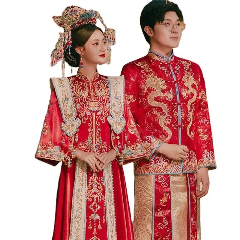 

Xiuhe Groom Suits Hanfu Bride Luxury Ancient China Wedding Costume Red Embroidery Oriental Style Couple Clothing Vestido Chino