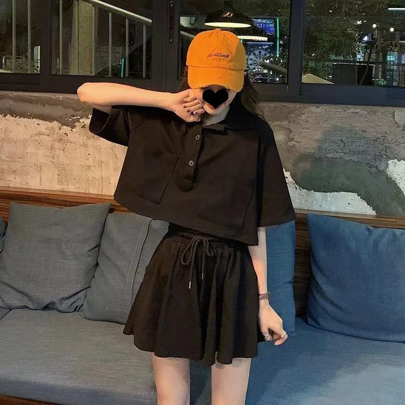 Casual Sports Short-sleeved Suit Women's Summer Tshirts New Loose Polo Shirt Wide-leg Shorts Two-piece Set Korean Sports Hakama