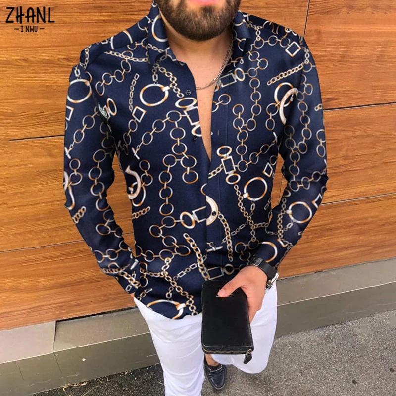 

Новинка 2024, шелковая атласная цифровая мужская приталенная Ретро рубашка с длинным рукавом и принтом цепей, повседневные мужские топы, европейский размер