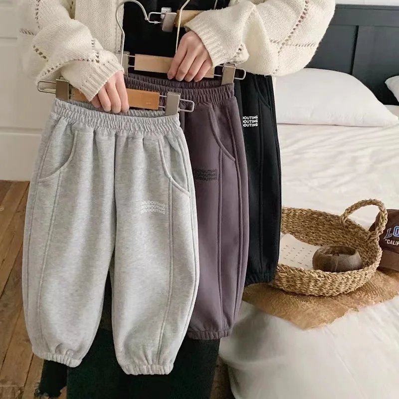 5133 Children Plus Velvet Pants Autumn Winter Thick Trouser Solid Color Boys Casual Pants Sport School Baby