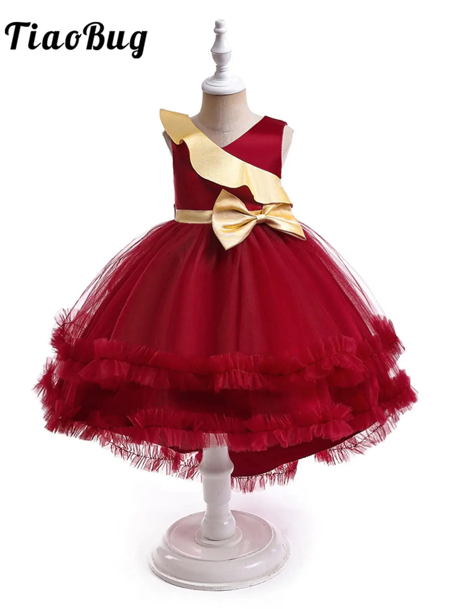 

Kids Girls Pageant Gowns V Neck Sleeveless High-Low Tulle Hem Prom Birthday Party Christmas Dress Flower Girl Dresses Costume