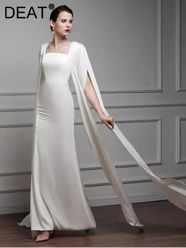 

DEAT Elegant Dress Square Collar Shawl Sleeve Ribbon Patchwork Women's Customized Evening Party Dresses 2024 Spring New 35Z139