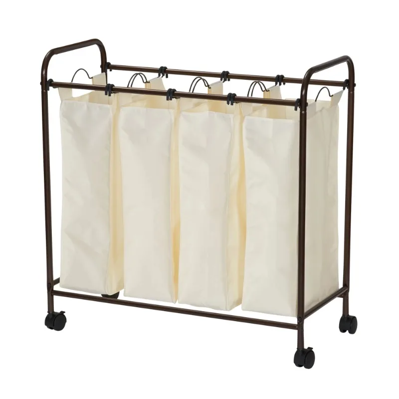 

Household Essentials Rolling Quad Sorter Laundry Hamper with Natural Polyester Bags Antique Bronze