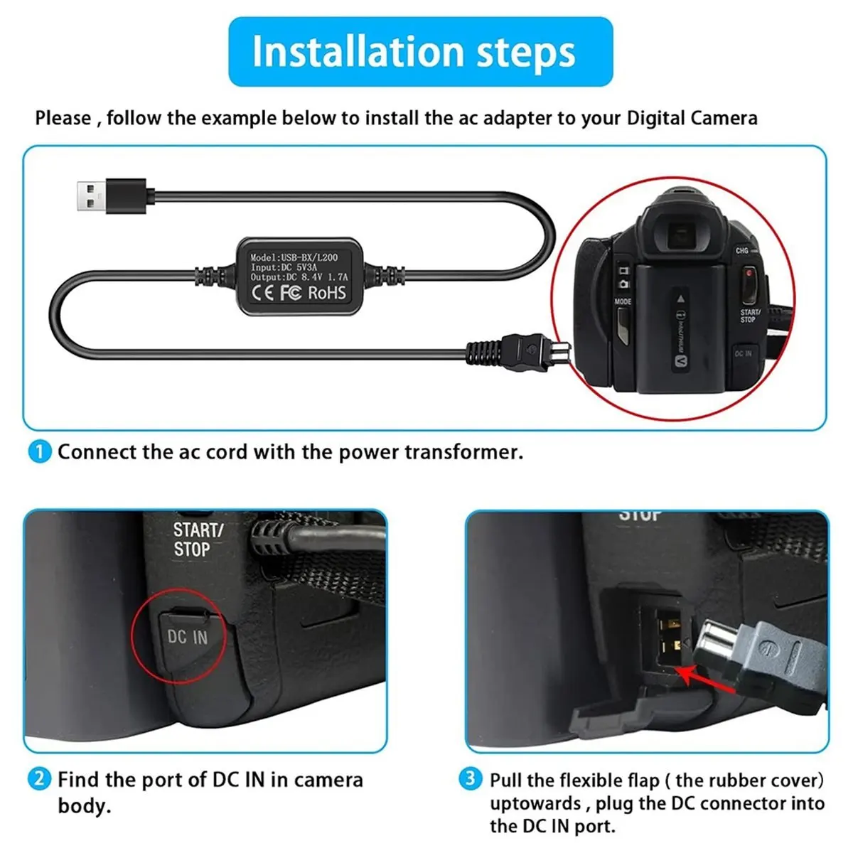 충전기용 M05K USB 전원 코드, DV 캠코더용 AC-L200 전원 어댑터 DCR-SX40/44 DCR-SR45/47 DCR-SX63/65/85