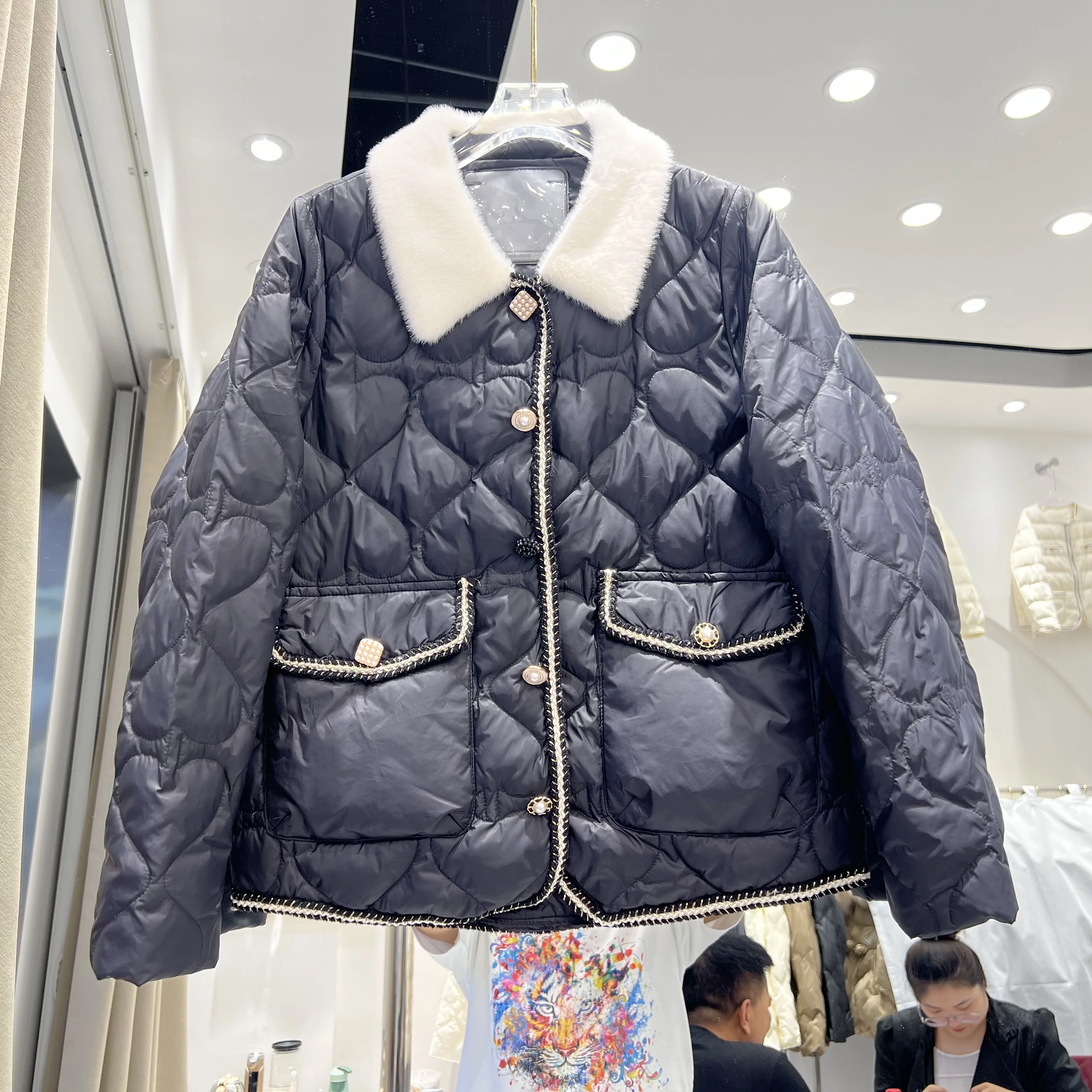 

2023 Winter New Down Jacket Women's Fashion Square Neck Rabbit Hair Long Sleeve Casual Warm White Duck Down Coat Clothes L595