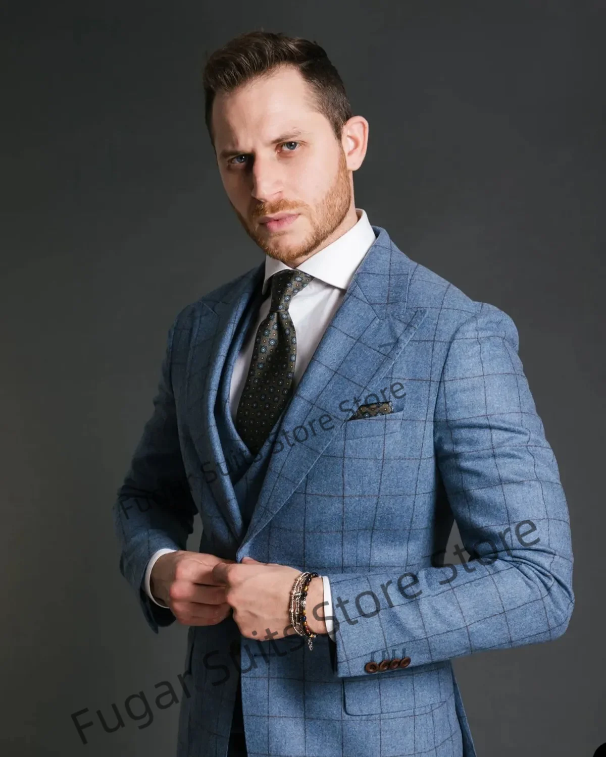 Office Work Blue Men Suits Slim Fit Double-breasted Vest Wedding Groom Tuxedos 3 Pieces Sets Business Male Blazer Costume Homme