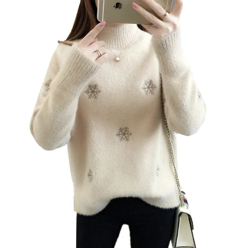 

Autumn Half Turtleneck Knitted Sweater Women Winter Korean Fashion Faux Mink Velvet Pullover Female Loose Embroidery Tops H1766