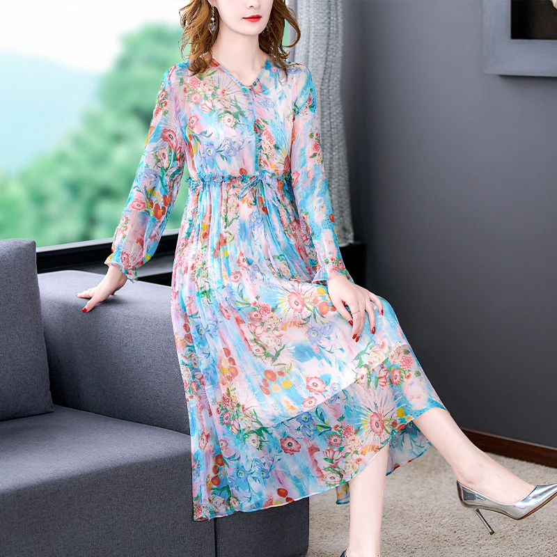 

2022 Floral Chiffon Beach Long Sleeve Midi Dress Women Boho Fashion Causal Beach Sundress Spirng Summer New Elegant Loose Dress