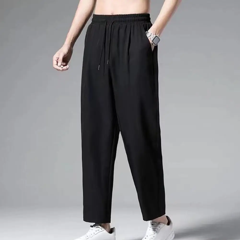 Men's Casual Ankle-Length Pants Solid Color Straight Wide-Leg Trousers Elastic Waist Ice Silk Breathable Quick-Dry Baggy Cargo S