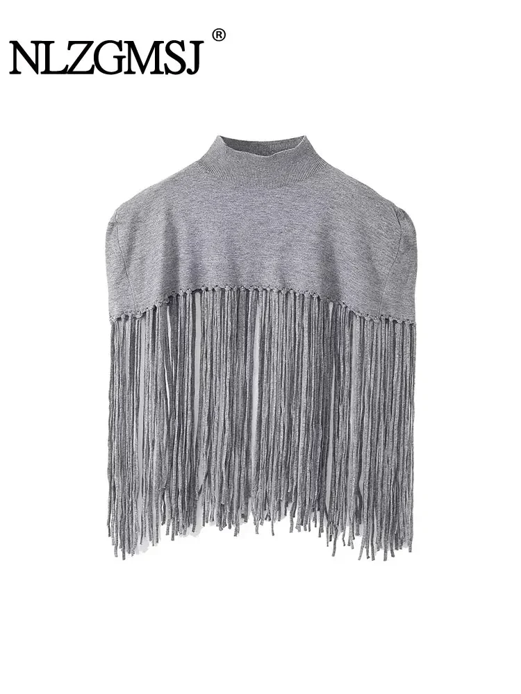 

Nlzgmsj TRAF 2023 Women Tassel Knitted Cape Sweater Sleeveless Vintage High-Neck Autumn Winter Causal Pullover Loose Warm Tops