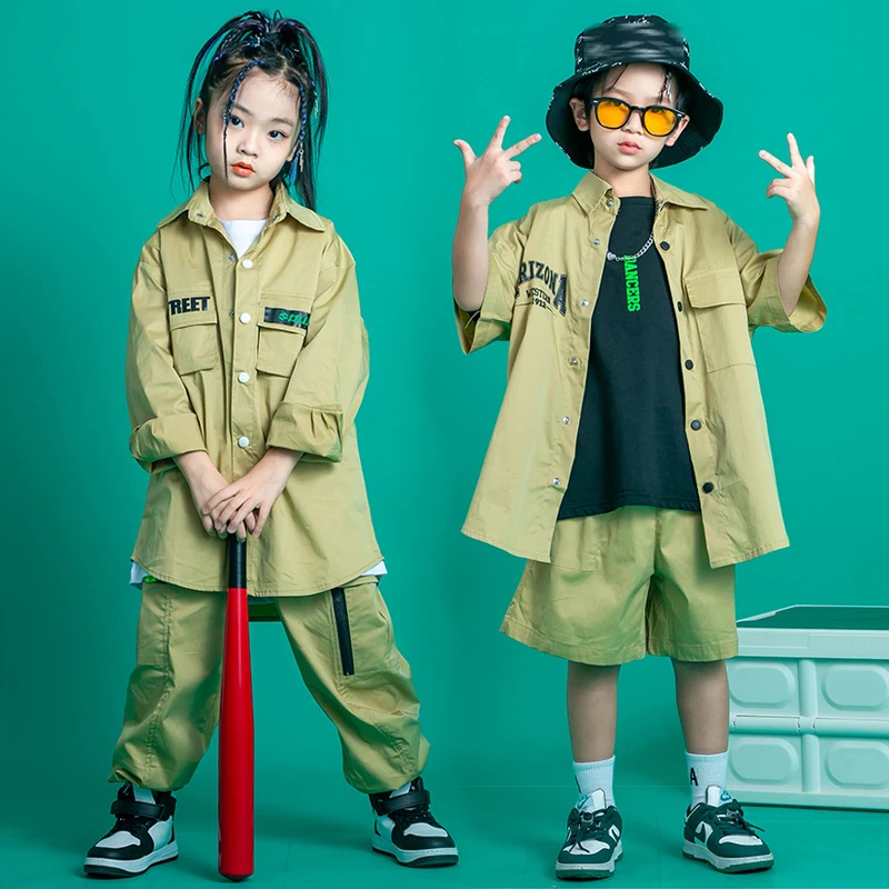 

Kids Hip Hop Dance Costume Tooling Shirt Pants Girls Street Dance Performance Wear Khaki Outfit Boys Rave Concert Clothes BL8685