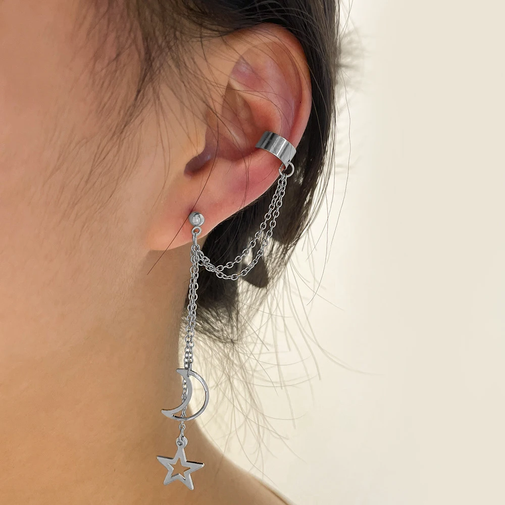 Vintage Pendant Metal Dangle Earrings with Long Chain Ear Clip for Women Silver Gold Color Star Moon Earring Jewelry