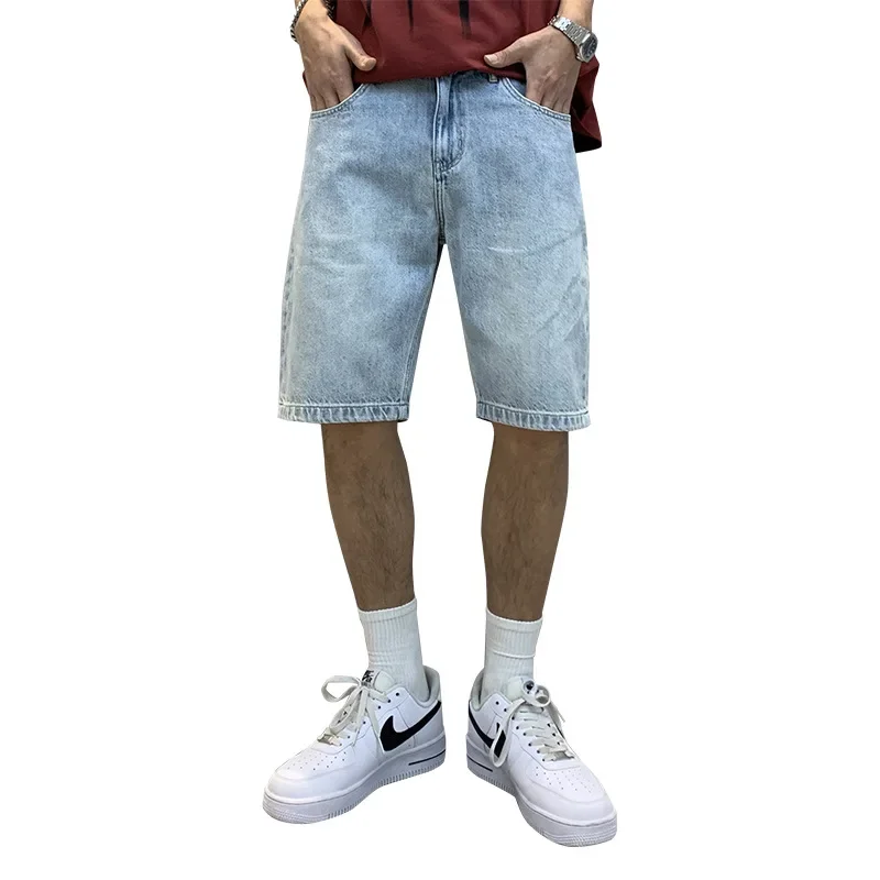 Fashionable Niche Design Sensibility Washing Light Denim Men's Casual Shorts Straight Leg Trendy Midsummer Pants
