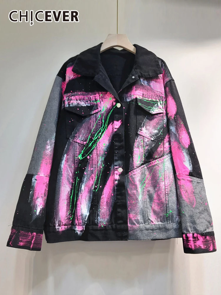 

CHICEVER Streetwear Vintage Denim Coats For Women Lapel Long Sleeve Single Breasted Autumn Casual Hit Color Chic Jackets Female