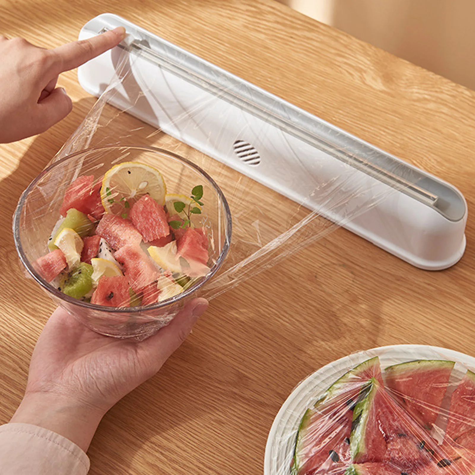 

Plastic Cling Bag Cutter, Refillable Cling Film Dispenser, Suction Cup, Wall Mount, No Punching, Organizer, Kitchen Tools