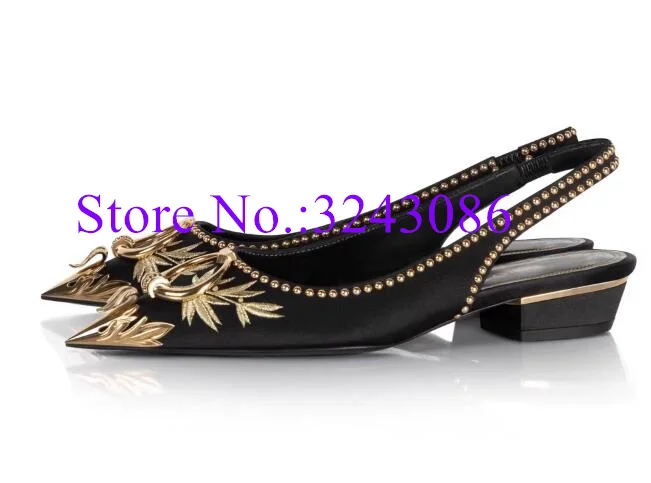 

New Euro Style Metal Pointed Toe Rivets Lady Pumps Shoes Sexy Chunky Mid Heel Woman Shoes Fashion Slingback High Heels Dropship