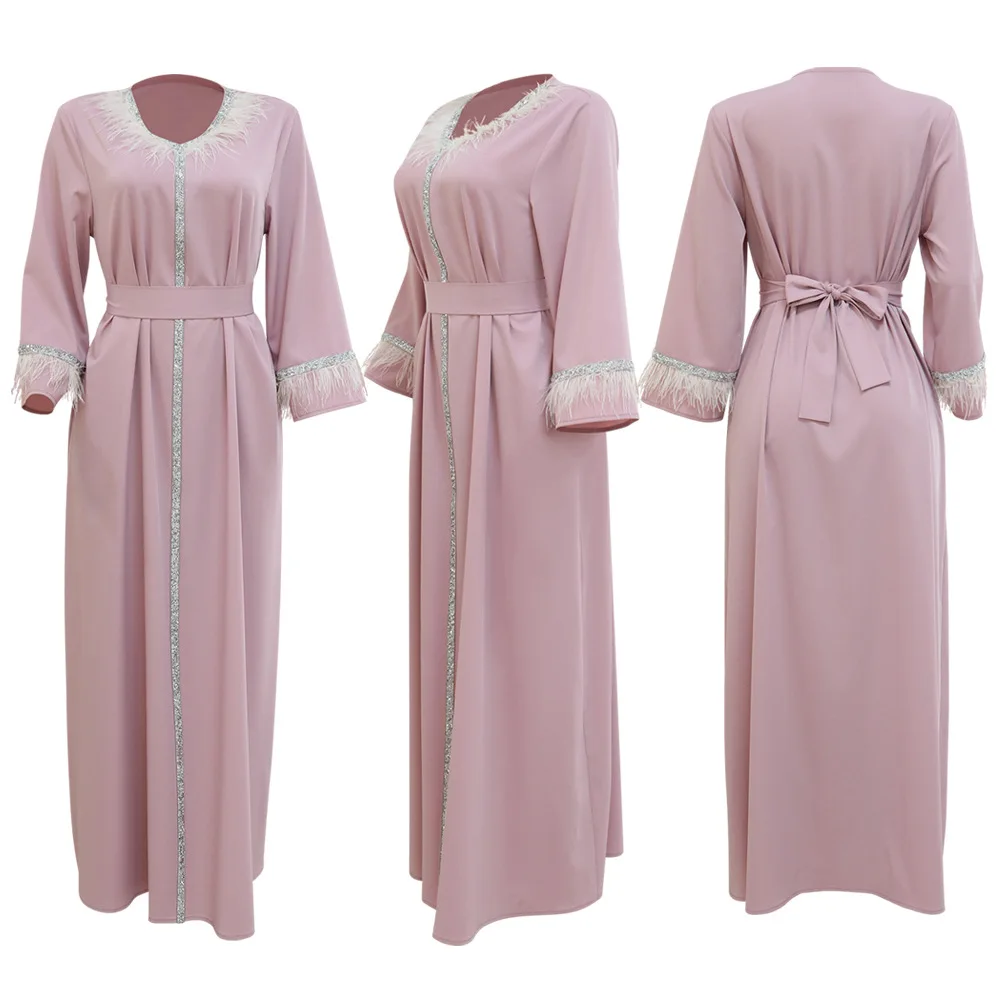 Jalabiya Feather Satin Abaya Dubai Loose Muslim Arabic Dress Moroccan Kaftan Saudi Abayas for Women Islam Party Evening Ramadan