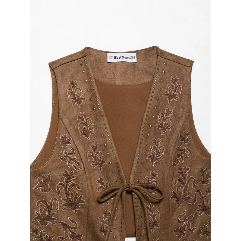 Chic Fashion Bead Embroidery Vest Woman Faux Suede Vests For Women V Neck Sleeveless Front Lace Up Waistcoat Vintage Crop Top