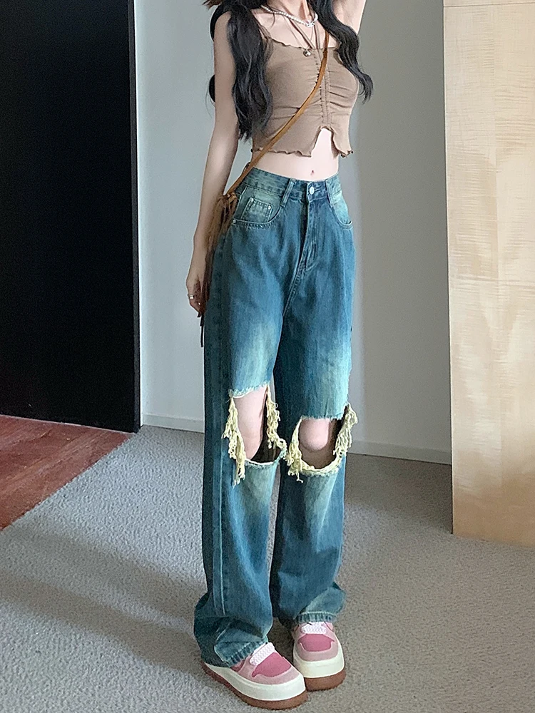 90s European and American Ripped High Street Holdes Hip-hop Loose Straight Wide Leg Jeans Y2K Retro Harajuku Denim Pants Trouser