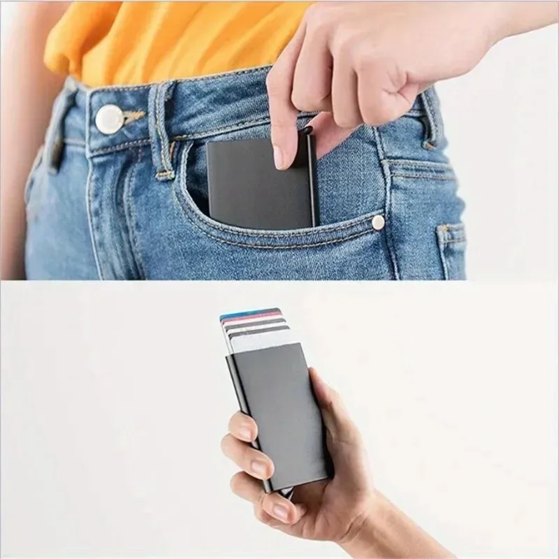 RFID Pop Up Card Holder Metal Thin Slim Men Women Wallets Minimalist Small Purse ID Credit Card Clip Business Box Wallet
