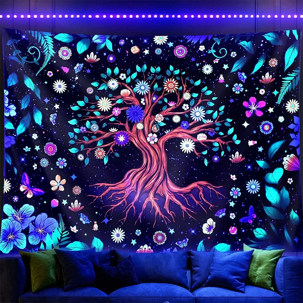 

Fluorescent Tapestry UV Night Light Skeleton Lover Tree of Life Fluorescent Home Room Hanging Cloth