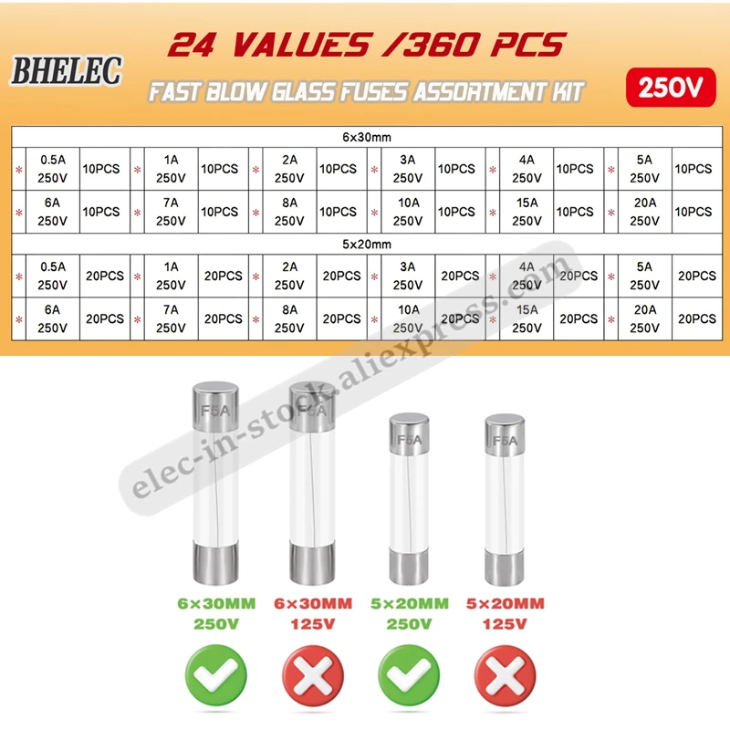 360pcs Fast Blow Glass Fuses Assortment Kit 5x20mm 6x30mm 250V 0.5A 1A 2A 3A 4A 5A 6A 8A 10A 15A 20A AMP Tube Fuse 5*20mm 6*30mm Glass Fuse Kit