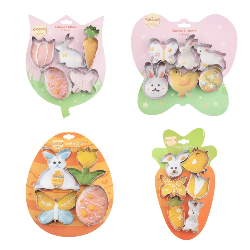 Rabbit Egg Carrot Cookie Cutters Stainless Steel Flower Chicken Shape Easter Bunny Baking Cake Biscuit Fondant Mold 6/5/4Pcs Set