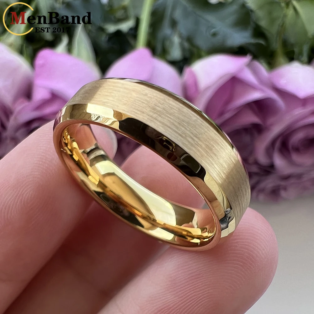 MenBand Gold Color 6MM 8MM Men Women Tungsten Carbide Wedding Ring two Beveled Polished And Middle Brushed Finish Comfort Fit