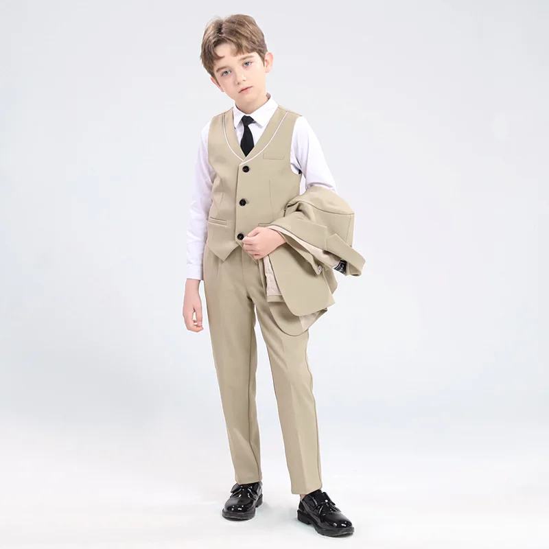 

Boys Formal Ceremony Tuxedo Dress Kids Wedding Performance Costume Children Spring Khaki Vest Shirt Pants Tie Photograph Suit