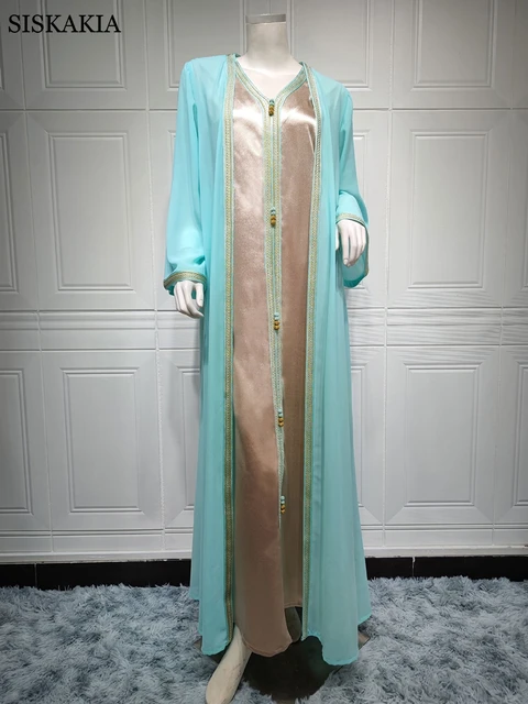 Two Pieces Abaya Set Vest Long Dress with Chiffon Kimono Eid Muslim Dubai Jalabiya Moroccan Caftan Arabic Women Clothing 2022 3