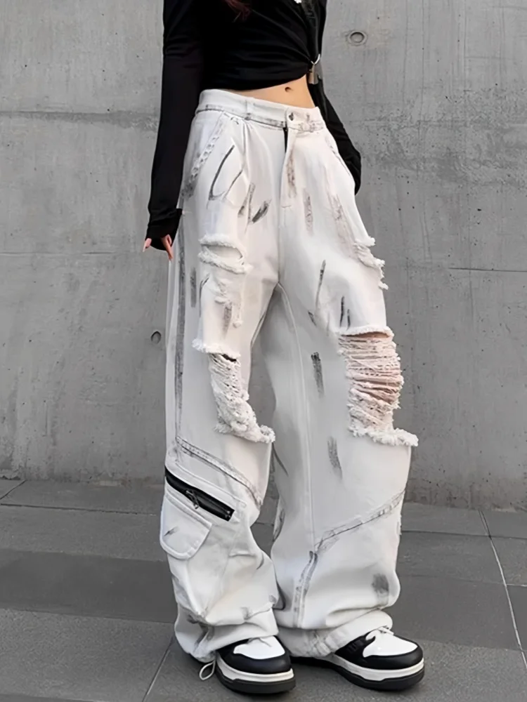 Y2K 2000S White Graffiti Ripped Baggy Stacked Cargo Jeans Pants