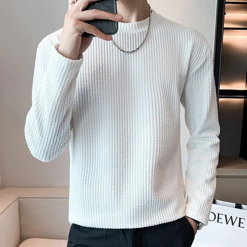 Spring Autumn New Solid Color Fashion Long Sleeve Sweatshirts Man High Street Casual Loose Waffler Pullovers Comfortable Tops