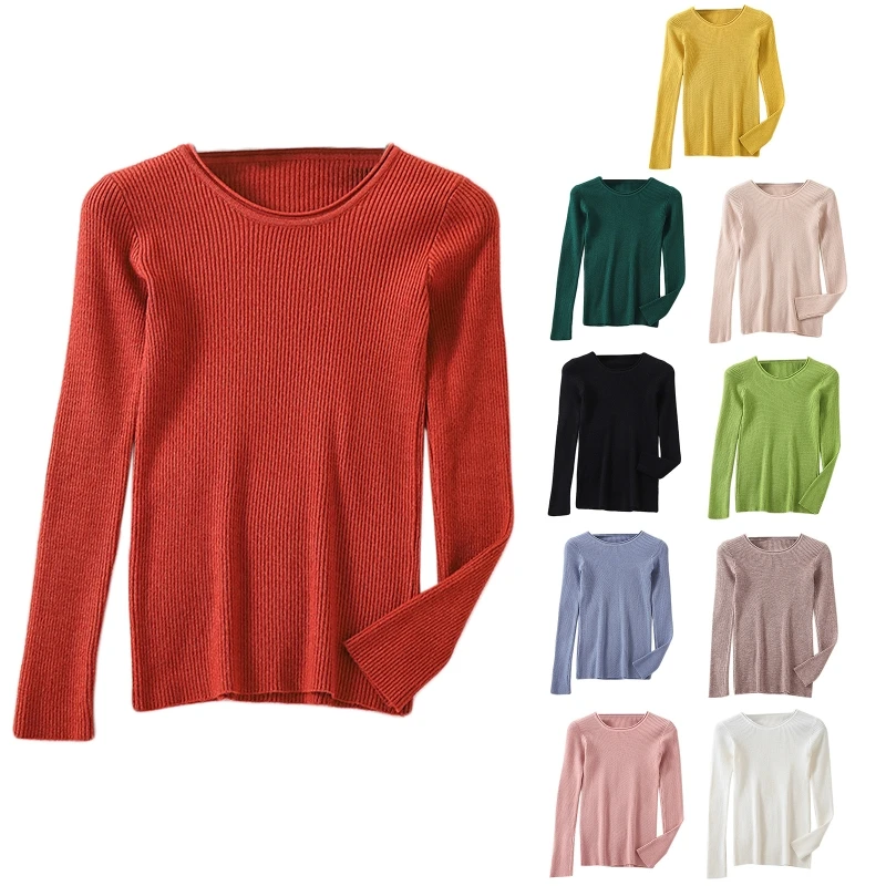 

Korean Women Long Sleeve Sweater Round Neck Simple Solid Color Pullover Tops Ribbed Knitted Layering Fit Autumn Basic