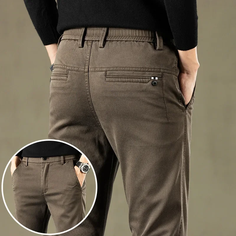 2024 Spring New Men's Casual Pants Brand Clothing Business Elastic Waist Thick Classic Slim Trousers Male Black Grey Brow 3