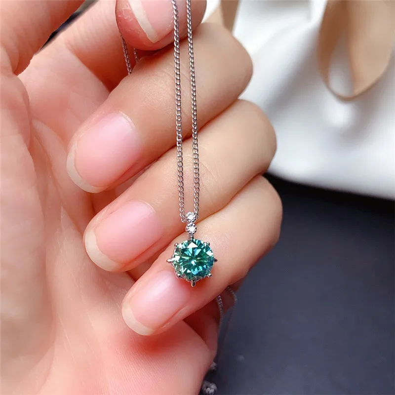 

Blue Green Moissanite Pendant 1CT 6.5MM VVS Lab With Certificate Engagement Necklace Real 925 Sterling Silver