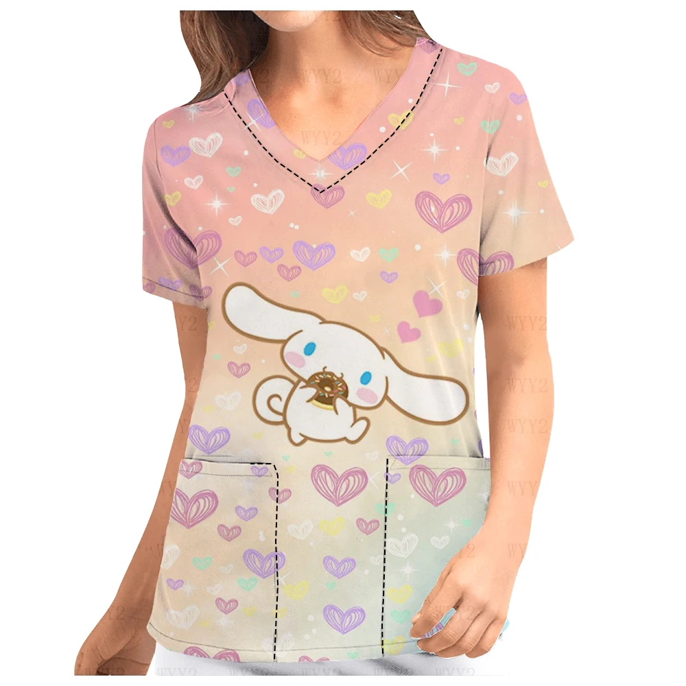 

V-Neck Print Scrub Top Women's Hospital Work Uniform Casual Loose Cinnamoroll Beauty Salon Nurse Care Work Uniform T-Shirt